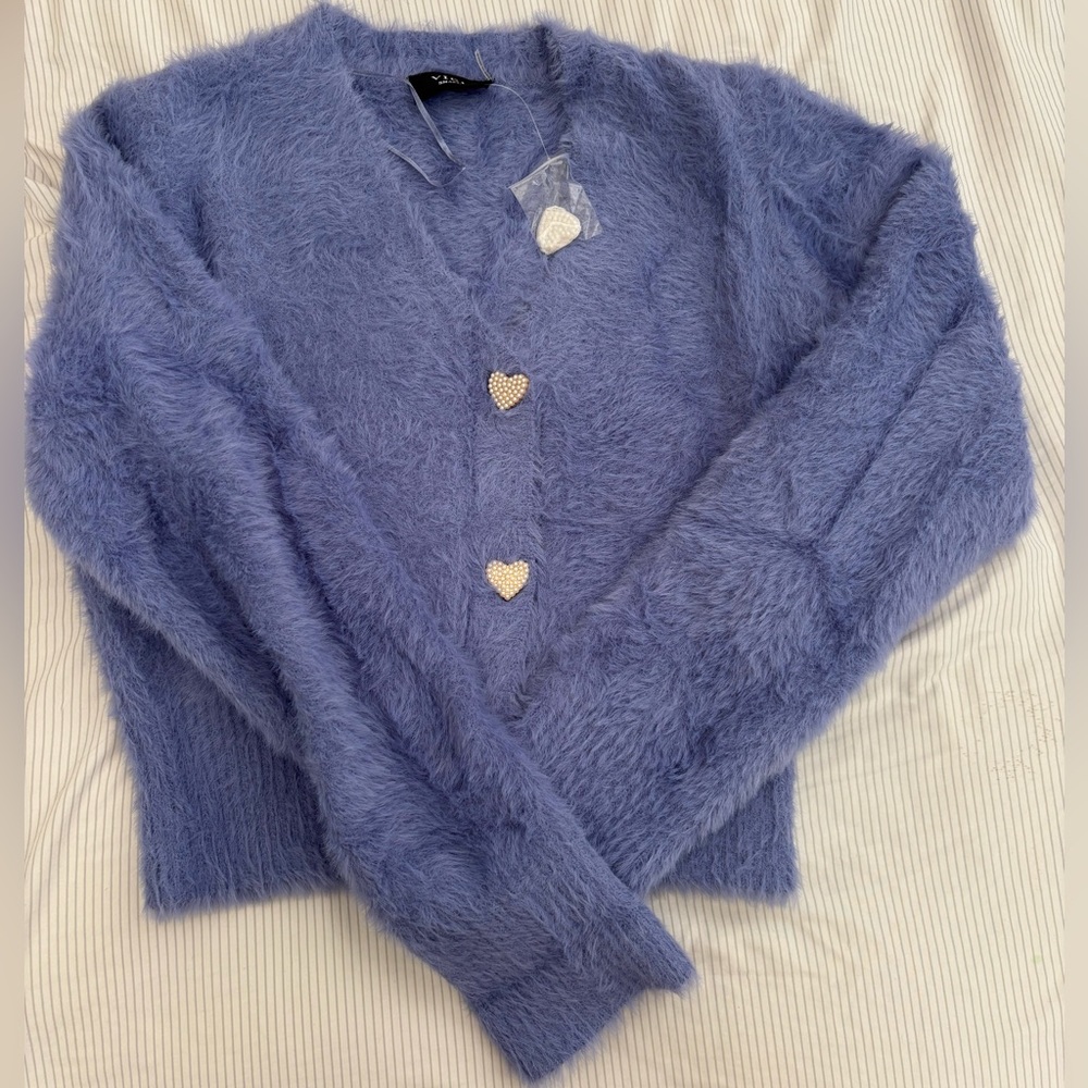 Vici Periwinkle Be Still My Heart Fuzzy Knit Button Front Cardigan